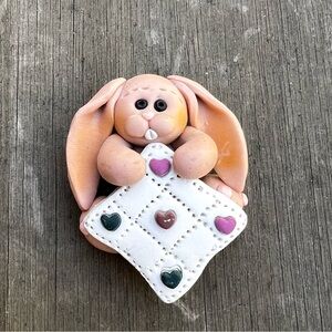 Little Blessings Suzi 1994 Handmade Clay Bunny Rabbit Quilt Refrigerator Magnet